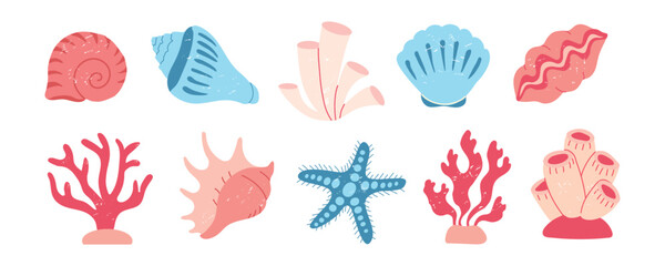 Vector set of hand-drawn sea shells, starfish, and corals in a modern flat style with subtle texture. Scandinavian-inspired marine collection perfect for nursery decor, children's summer apparel, coas © Oksana