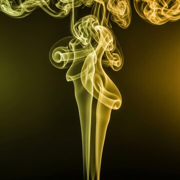 Ethereal plumes of olive green and golden yellow smoke intertwine in a fluid earthy dance, forming a sophisticated organic vapor abstract, amber, glowing, movement