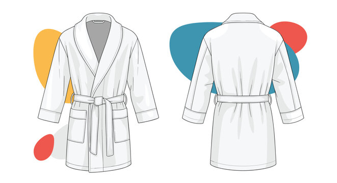 Technical fashion illustration of a comfortable white bathrobe showing both front and back views with abstract shapes in background.