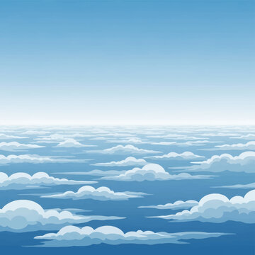Aerial view of stylized white cumulus and stratus clouds layered across a clear blue sky background with a bright horizon line, illustrating a vast atmospheric landscape.