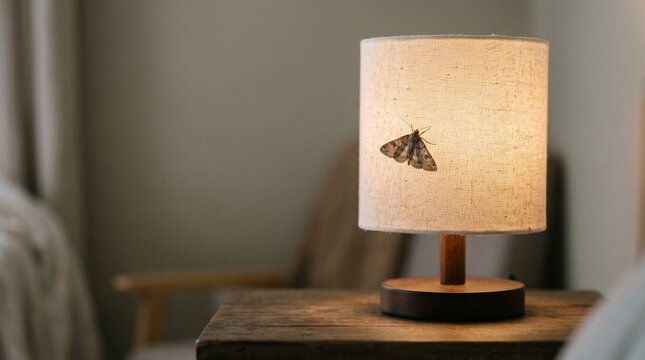 A moth rests on a glowing linen lampshade, epitomizing the irresistible, often self-destructive pull toward light, warmth, and a truth that remains just out of reach.