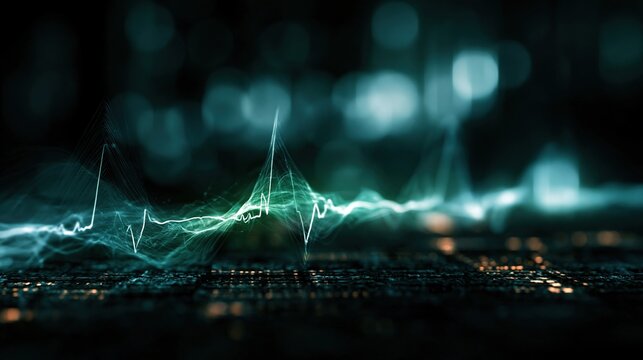 Glowing light waves move across a circuit board, symbolizing the transfer of information and the speed of digital processes. The abstract background with bokeh effects enhances the futuristic.