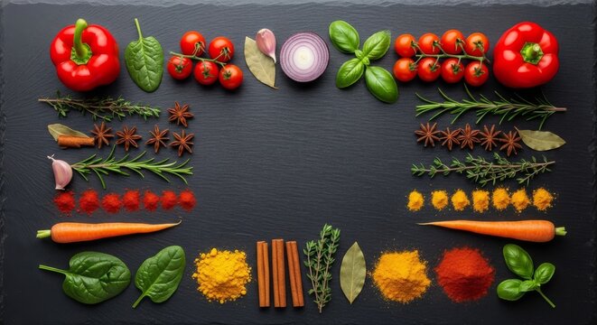 High-angle shot of vibrant raw vegetables, aromatic herbs, and spices arranged artistically on a dark rustic stone surface for cooking, herbs, flatlay, gastronomy