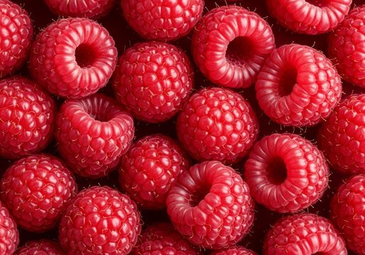 Vivid red raspberries arranged in a seamless overhead pattern, showcasing the intricate texture of individual drupelets and fine hairs, succulent, produce, ingredient