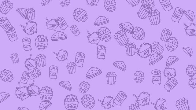 Seamless Pattern of Hand-Drawn Fast Food Icons on Purple