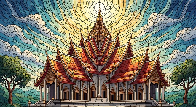 Ornate Thai Temple with Colorful Roof.