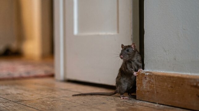 A rat peeks cautiously around a doorframe, embodying the persistent, hidden life that thrives in our shadows&mdash;a metaphor for the resilient unwelcome and the anxiety of the unseen