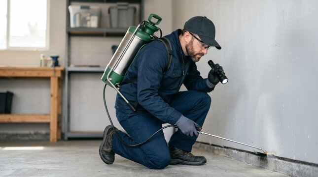 A technician illuminates a wall gap while applying a targeted spray, a visual metaphor for the vigilant scrutiny required to banish shadows and reclaim control over one's domain.