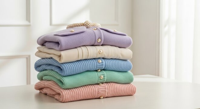 Coordinated retro garments in soft pastel shades, arranged in a bright, airy setting featuring a clean aesthetic and nostalgic atmosphere, peach, vintage, soft