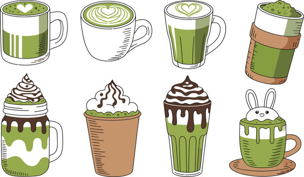 Matcha, green tea latte set of eight vector illustrations with whipped cream art and bunny topping, cute caf&eacute; drink collection design.