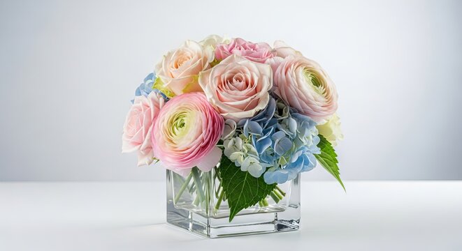 Elegant pastel flowers arranged inside a clear glass cube, captured with a macro lens to show delicate textures and soft, diffused light, detail, organic, still life