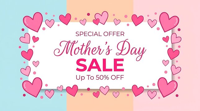 Mother's Day Sale special offer with up to 50% off, framed by pink and red hearts on a pastel background, promoting retail discounts.