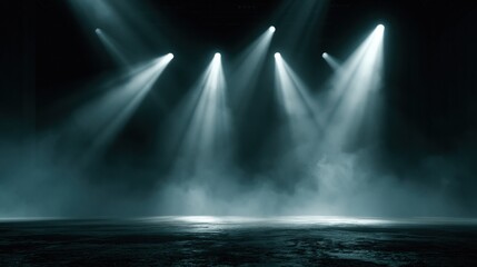 Obraz premium The beams of light illuminate the textured floor, suggesting an empty performance space ready for an event or show. This visual concept is themes of entertainment, mystery, or abstract backgrounds.