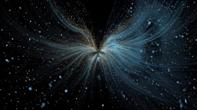Abstract representation of a galaxy, resembling a butterfly, against a dark, endless expanse. The swirling patterns and luminous particles create an ethereal, artistic view. 