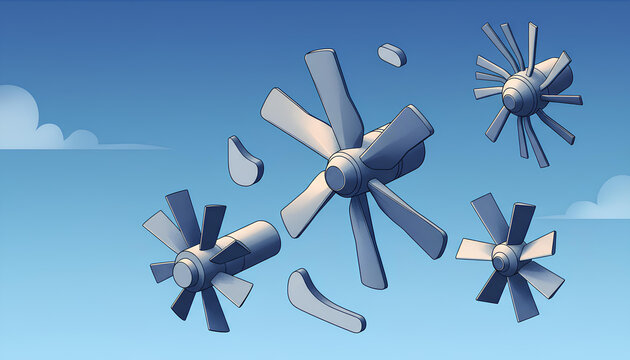 Isometric Aeronautical Vector Illustration of Floating Airplane Turbines in Blue Sky