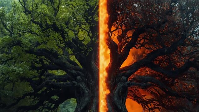 Tree Split Between Life and Fire &ndash; Environmental Duality Concept