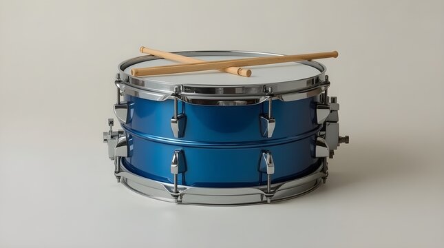 A blue snare drum with metallic hardware placed on a neutral background. Two wooden drumsticks rest neatly across the drumhead, ready for playing.
