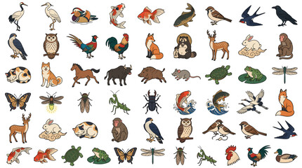 Obraz premium Hand drawn Japanese wildlife icon set with birds, insects, fish, frog, turtle, fox, deer, rabbit and forest animals for nature and culture design