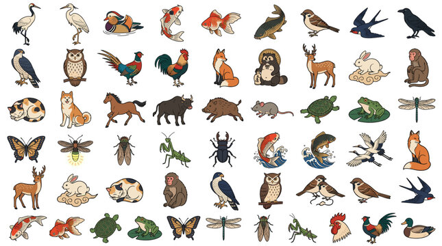 Hand drawn Japanese wildlife icon set with birds, insects, fish, frog, turtle, fox, deer, rabbit and forest animals for nature and culture design