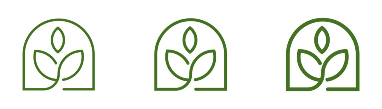 A clean, minimalist green line art logo featuring a stylized plant with three leaves inside an arched frame, perfect for ecofriendly and sustainable branding projects.
