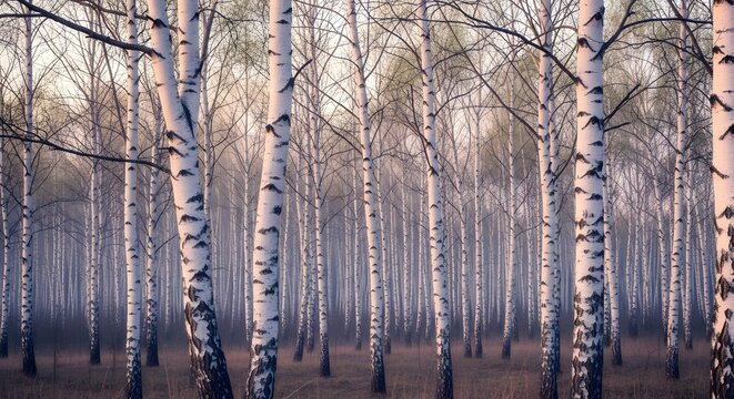 Atmospheric birch forest scene on a misty autumn morning
