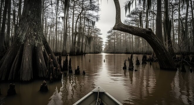 Cypress swamp riverboat view through Southern American forest