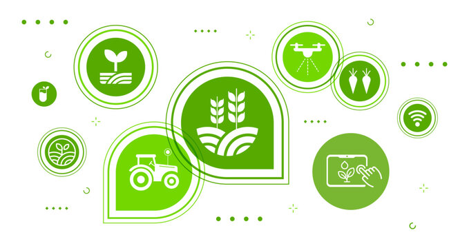 Modern smart farming technology icons illustrate precision agriculture, drone spraying, automated tractors, sustainable crop growth, and digital farm management.