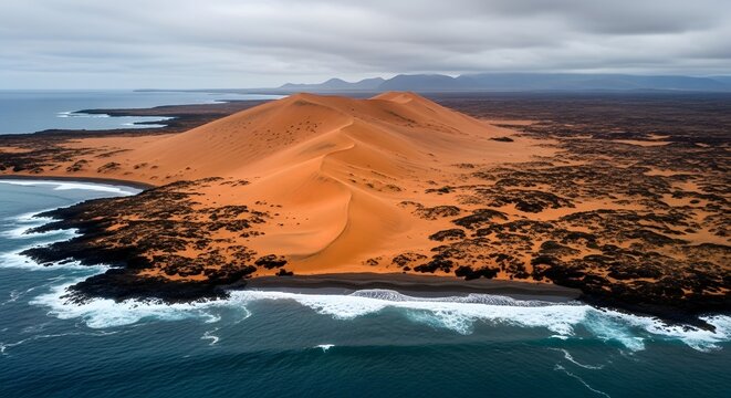 Coastal dunes and ocean meeting vast desert landscape panorama