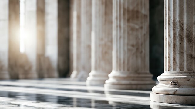 Justice and law through classical marble columns Key concepts include history, power, government, tradition, strength, stability, and heritage.