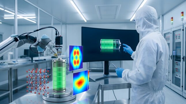 Battery technology research scientist in cleanroom monitoring robotic arm assembling energy cell with digital thermal analysis
