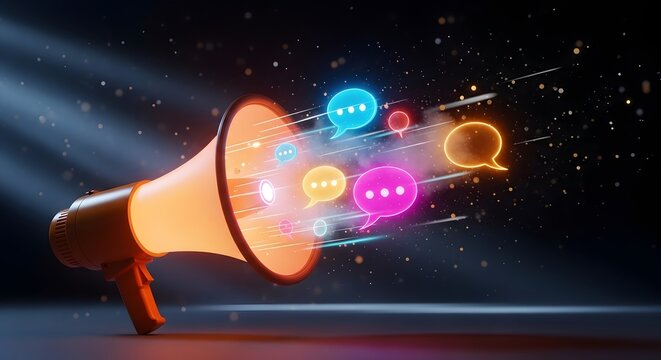 Digital marketing announcement concept glowing orange 3D megaphone broadcasting colorful neon social media speech bubbles