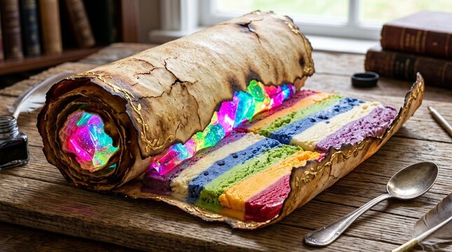 Unfurled Scroll Reveals Rainbow Cake