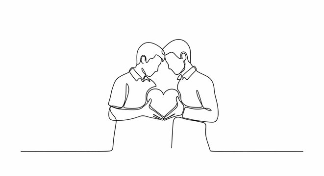 Two men holding a heart together.