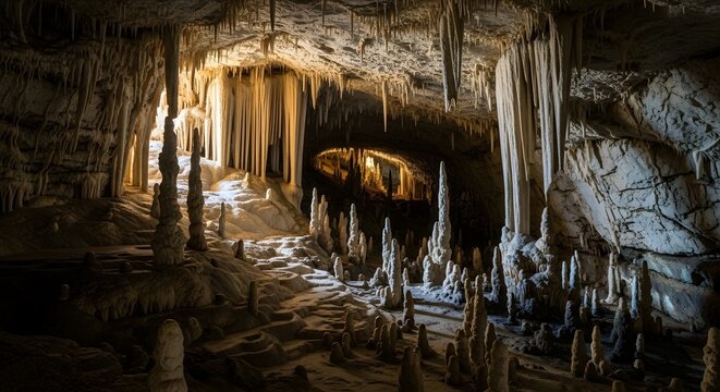 Breathtaking Underground Cave Hall with Stalactites and Flowstone
