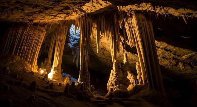 Breathtaking view inside a mysterious illuminated cave cavern
