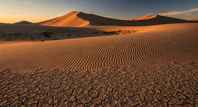 Desert sand dunes showing dramatic ripple patterns at sunset