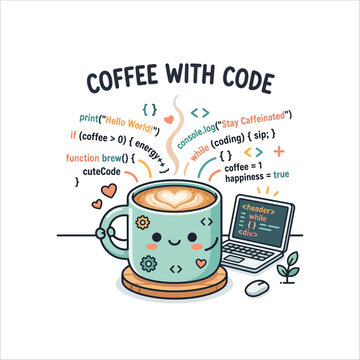 Cute "Coffee with Code" Illustration for Developers and Programmers