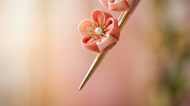 Delicate Pink Tsumami Zaiku Hair Ornament, Symbolizing Japanese Traditional Beauty.
