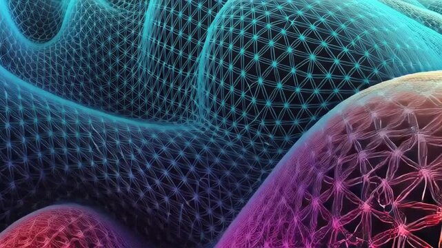 Abstract and futuristic, vibrant illustration of a complex three-dimensional network, with a focus on geometric patterns and a captivating interplay of color gradients. 