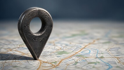 Fototapeta premium A large metal map pin marks a location on a detailed city map with roads and green spaces.