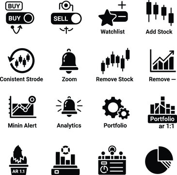 Financial Trading Icons with Buy Sell Buttons Charts and Portfolio Symbols