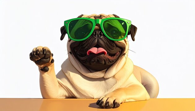 Pug dog wearing green sunglasses posing against white background