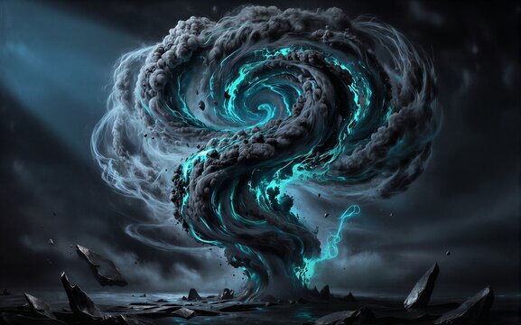 A glowing blue vortex erupts from a dark stormy landscape with