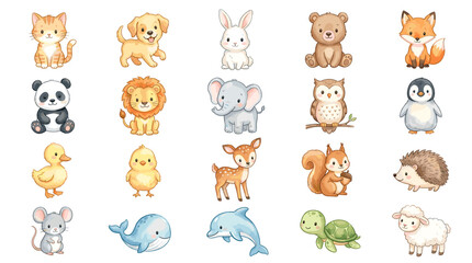 Fototapeta premium Watercolor cute animal vector set with fox, dog, rabbit, bear, panda, lion, elephant, owl, penguin, duck, deer, squirrel and nursery wildlife icons
