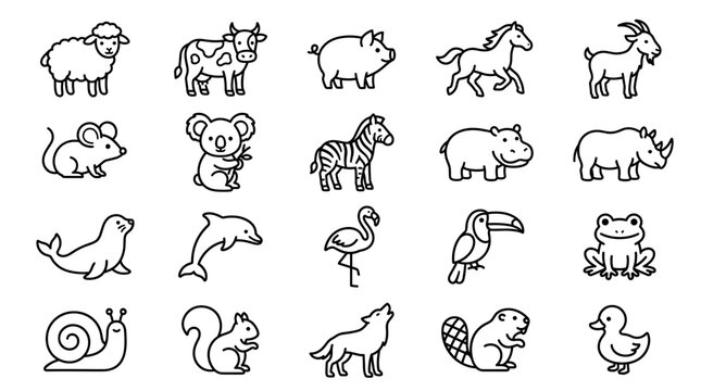 Black outline animal vector set with farm, wild and sea animals including sheep, cow, horse, goat, mouse, zebra, dolphin, flamingo, frog and duck