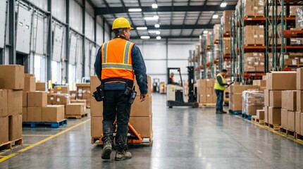 Fototapeta premium Warehouse worker operating forklift in industrial warehouse storage facility wearing safety helmet and working in logistics and stock environment