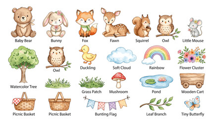 Fototapeta premium Watercolor baby animal vector set with bunny, fox, fawn, squirrel, owl, duckling, cat, rainbow, stars, picnic baskets and cute nursery clipart