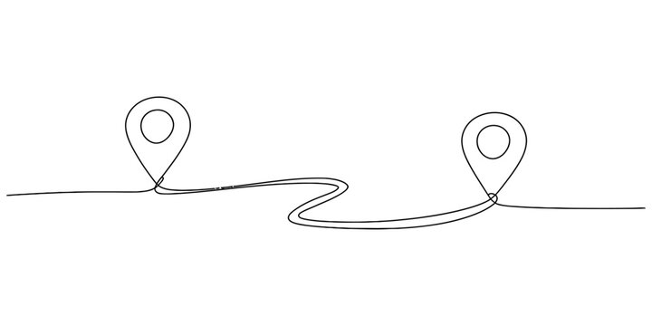 Continuous one line drawing of a travel path connecting two map location pins showing the route from start to destination for navigation and logistics Vector, illustration