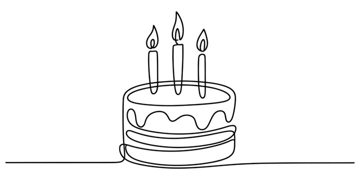 Continuous single line drawing of a birthday cake with three lit candles on top for a celebration concept in a simple minimalist hand drawn artistic style Vector, illustration