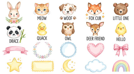 Fototapeta premium Watercolor cute animal vector set with bunny, meow cat, dog, fox, panda, owl, deer, chick, stars, labels, moon, cloud and rainbow nursery elements
